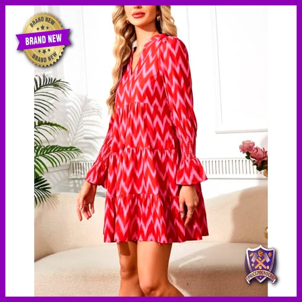 Printed Mini Dress Long Sleeve V Neck Tiered Flowy Swing Summer Vacation Beach - Picture 5 of 7
